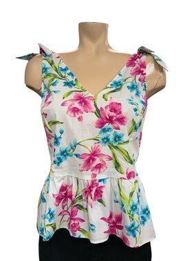 Nine West White Floral Tie-Shoulder Peplum Top